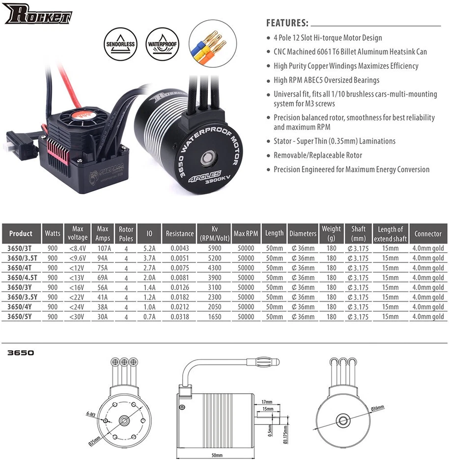 Rocket 3650 Sensorless Brushless Motor 4300KV 60A Regler für 1/10 RC Auto - Bild 4 von 4