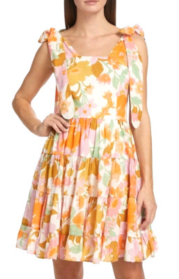 New Millie Kiara Mini Dress Womens Xs Floral Yellow Tiered Shoulder Ties Cotton