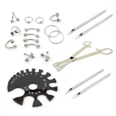 22 Parts Piercing Kit Forceps Needles and Gauge Measurement Tool