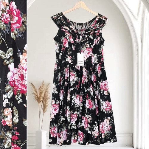 UNIKAT VINTAGE Swing Blumen Kleid Retro 50er Style groß ärmellos Seitentaschen