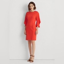 Lauren Ralph Lauren Women Ruffle-Sleeve Sheath Dress Size 10 Orange Round Neck