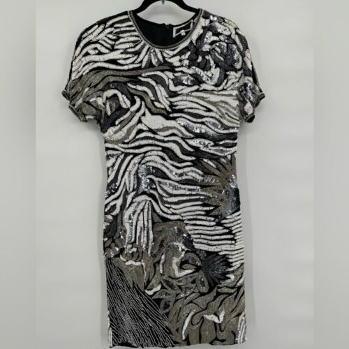 Barney's New York Vintage Size 10 Silk, Sequined & Beaded Dress. Shoulder Pads