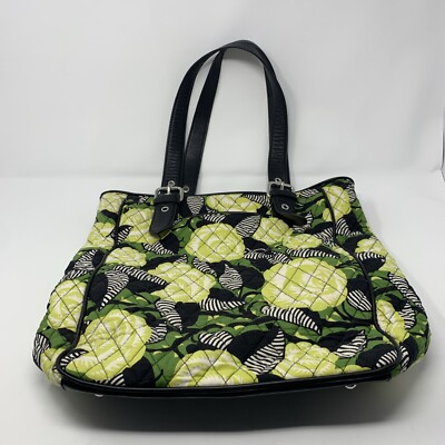 Vera Bradley La Le Neon Rose Black W/Buckle Tote Leather Straps Yellow Roses
