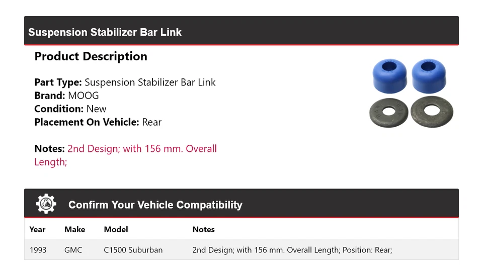 Para GMC C1500 1993 Suburban Suspensión Estabilizadora Barra Eslabón Trasero MOOG Foto 2 de 4
