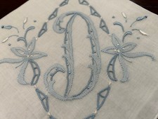 Vintage Madeira Monogram D Handkerchief Bridal White Linen Blue Floral Embroider