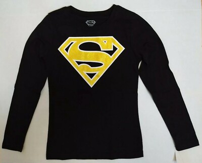 Girls Superman Supergirl Costume Shirt Black Gold Glitter Logo Long Sleeve  M L