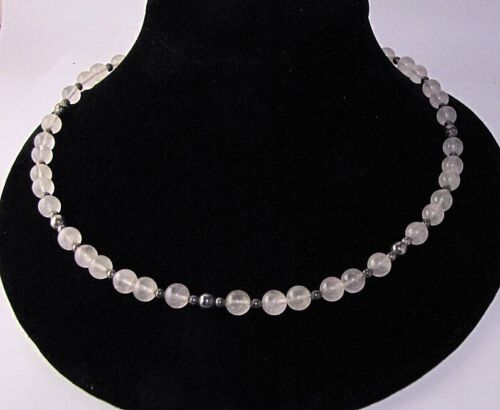 Milky Glass Bead Necklace Round Beaded Dark Silve… - image 1