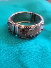  Silvertone Bracelet Cuff WidHinged Twisted Wire & Mesh & Rhinestone Flowers