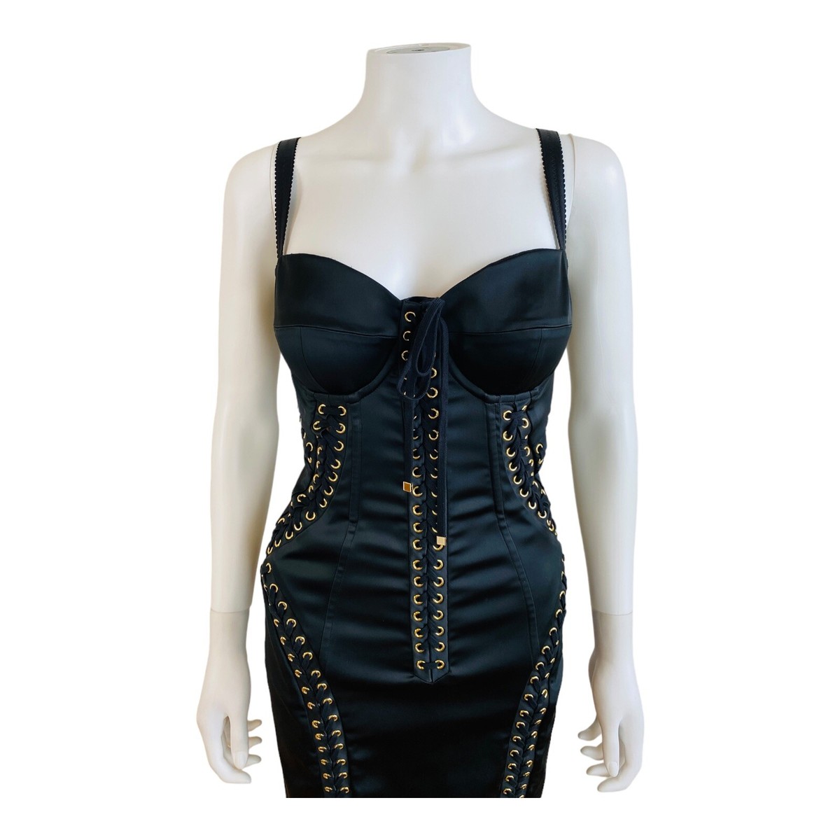 Dolce + Gabbana Black Stretch Silk Corset Lace Up Bustier Dress