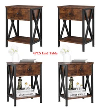 Set of 4 End Table X-Design Sofa Side Tables w/Drawer, Storage Shelf Metal Frame