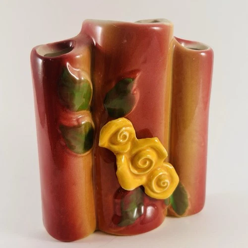 Shawnee Pottery Wall Pocket Vase Rose Gold Yellow Roses Triple Tube Mid Century