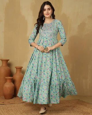 Indian Women Cotton Green Thread Work Printed Anarkali Kurta Kurti Long Dress - Image 1 of 4