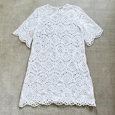 Matta Floral Embroidered Cotton Lace Shift Dress White Scalloped Short Sleeve XS