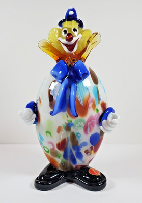 VTG Murano Blown Glass Clown Blue Bow Egg Shaped Body Multicolor Swirls 8.75''H