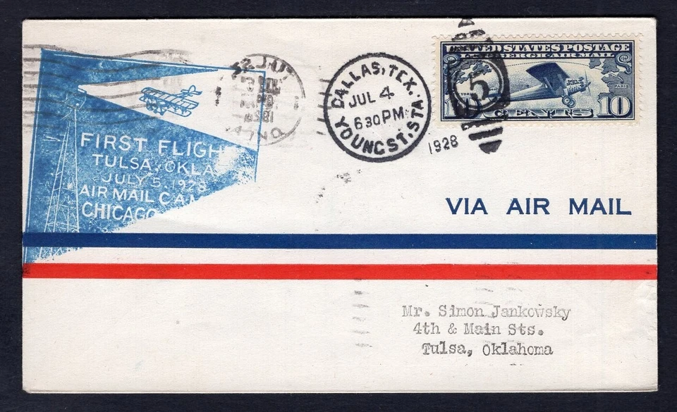 USA 1928 First Flight Cover TULSA-CHICAGO. Dallas Duplex - Image 2 of 3