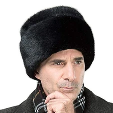 Faux Mink Fur Cossack Hat Winter Men Russian Ushanka Warm Cap Large Black