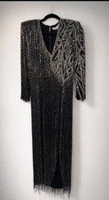 Vintage Bob Mackie Beaded Fringe Gown Black Silver Art Deco