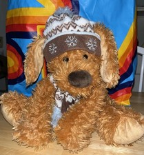 Hugfun 15" Brown Puppy Dog Blue Brown Hat Scarf Winter Holiday Stuffed Plush