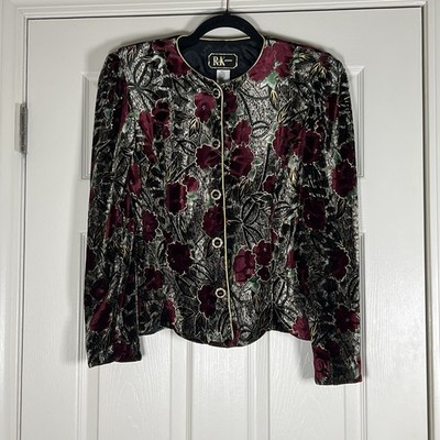 R&K Evening Vintage Velvet Floral Scallop Trimmed Button Down Blouse Size 8
