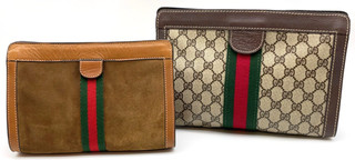 Auth Gucci Sherry Line GG Supreme Suede Leather Brown/Beige Clutch 2PCS JP050001