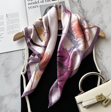 100 Mulberry Silk 27" Square Scarf Women Neckerchief Wrap Bandana Purple Flower