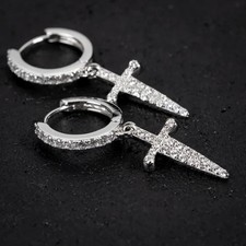 Men's 14K White Gold Plated Cross Drop Dangle Hoop Earrings Lab Created Diamond