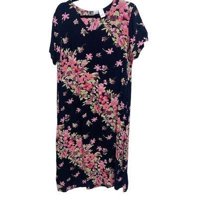 LA Cera Dress Womens Large Black Pink Floral Pockets Boho Resort Cottagecore