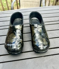 Dansko 41 Clogs Black And Gold Foil Floral