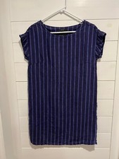 EXCELLENT WOMENS TAHARI NAVY BLUE STRIPED LINEN SHORT SLEEVE XS SHIFT DRESS 