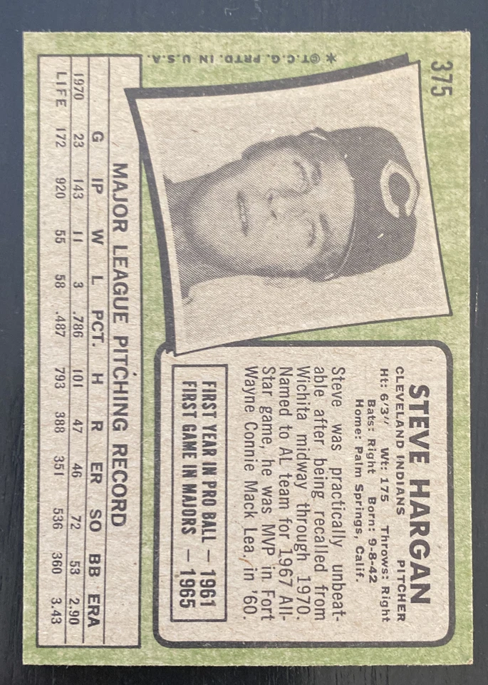 1971 TOPPS STEVE HARGAN (EX OR BETTER) SET BREAK  - Image 2 of 2