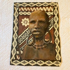 VINTAGE 90s African woman portrait original painting  hand painted bark cloth