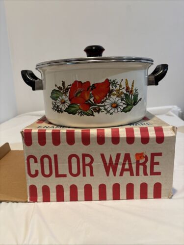 Enamel Ware Pot Sauce Pan 4qt Floral Vintage 70s LD-24 Color Ware
