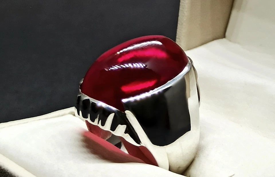 Cabochon Big Pigeon Red Ruby Sterling Silver 925 Handmade Mens Plain Heavy Ring - Image 2 of 4