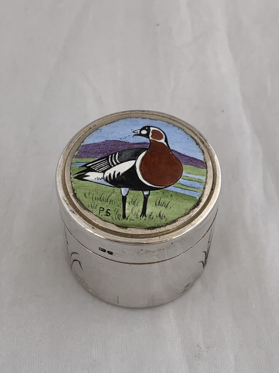 Solid Silver & Enamel PILL BOX 1978 London REDBREASTED GOOSE Sterling Silver Box