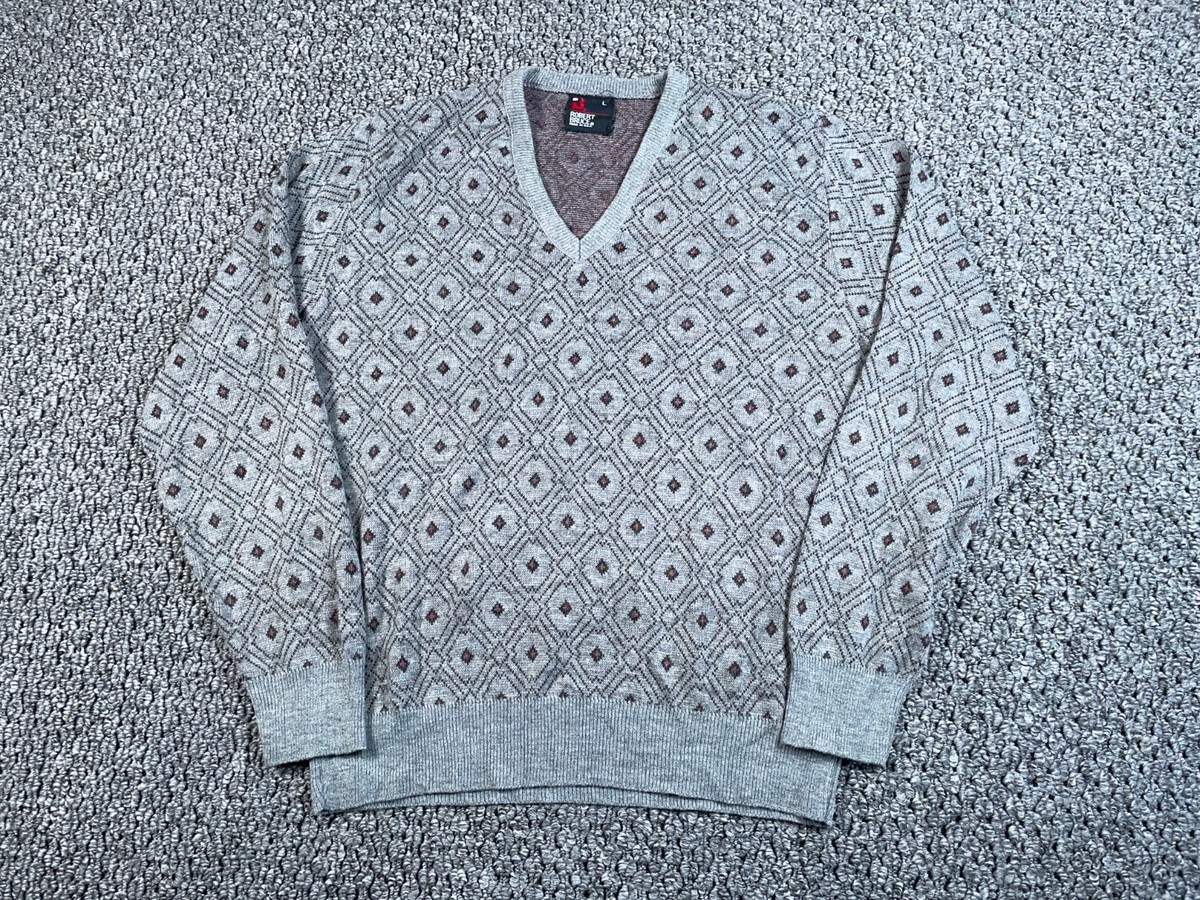 VTG Robert Bruce Diamond V-Neck Sweater Adult Large Gray 