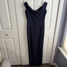 Boohoo Navy Blue Off Shoulder Formal High Slit Women’s Dress Sz 6 Wedding Guest