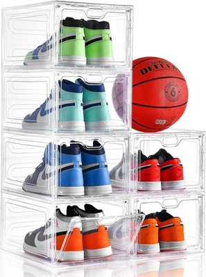 6 Pack Stackable Shoe Storage Box Clear Organizer W/ Magnetic Door Container