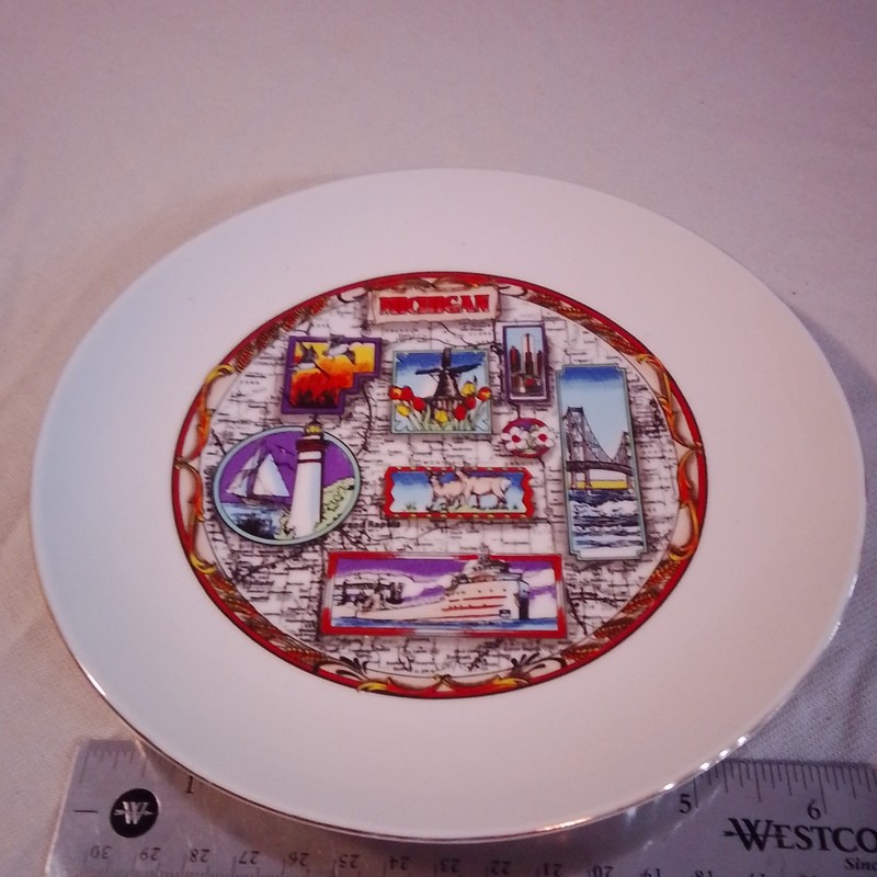 KWC Michigan Theme Ceramic Decorative Plate Round Glossy White Multicolor