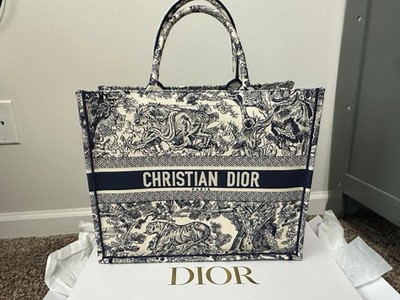 Large Dior Book Tote Ecru and Blue Toile de Jouy Embroidery