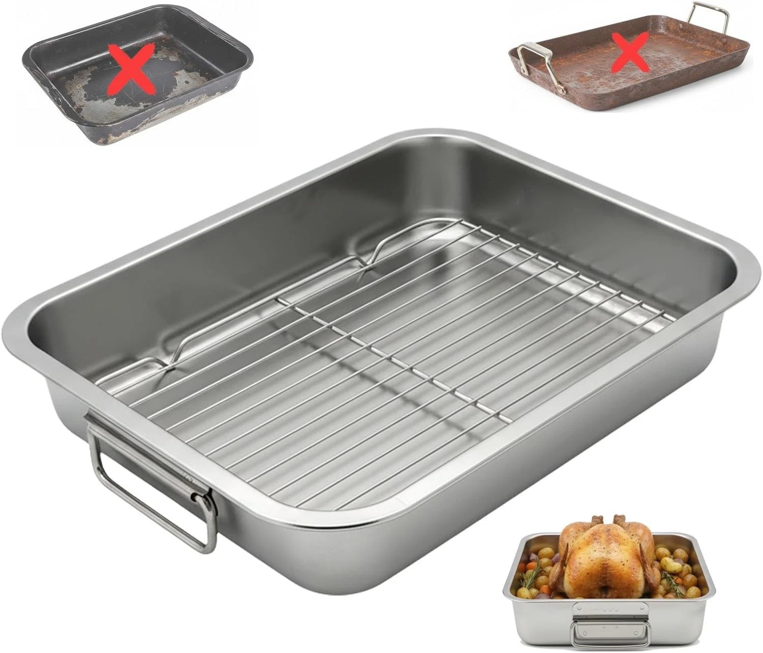 Stainless Steel Roasting Pan with Rack Handles 15.5x11.6 Food Grade No Coating