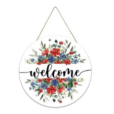 Smile Patriotic Red  Blue Floral Welcome Wooden Round Door Patriotic Floral