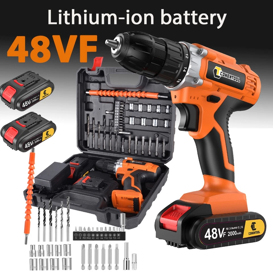 CONENTOOL 1850RPM 48V Cordless Combi Drill Driver Electric Screwdriver Kit with 2 Battery