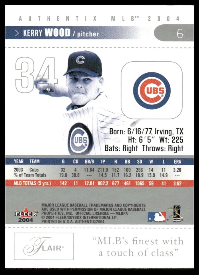 2004 Fleer Authentix #6 Kerry Wood Chicago Cubs - Image 2 of 2