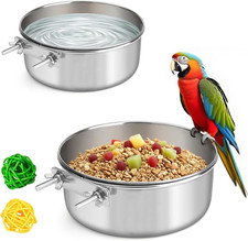 2 Pcs Stainless Steel Bird Food Water Bowls, Parrot Feeding Dish Cups with Clamp