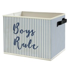 Boy Nursery Storage Bins Box with Handles, Blue Striped Boys Rule Playroom Co...
