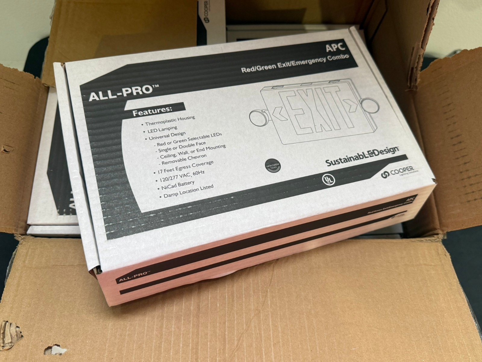 (Lot of 8) Cooper All-Pro APC Red/Green Exit/Emergency Combo Signs Open Box