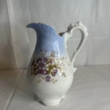 Pitcher Only Vintage Beautiful Flowers Purple Green Trim Blue Fade Ombré Read