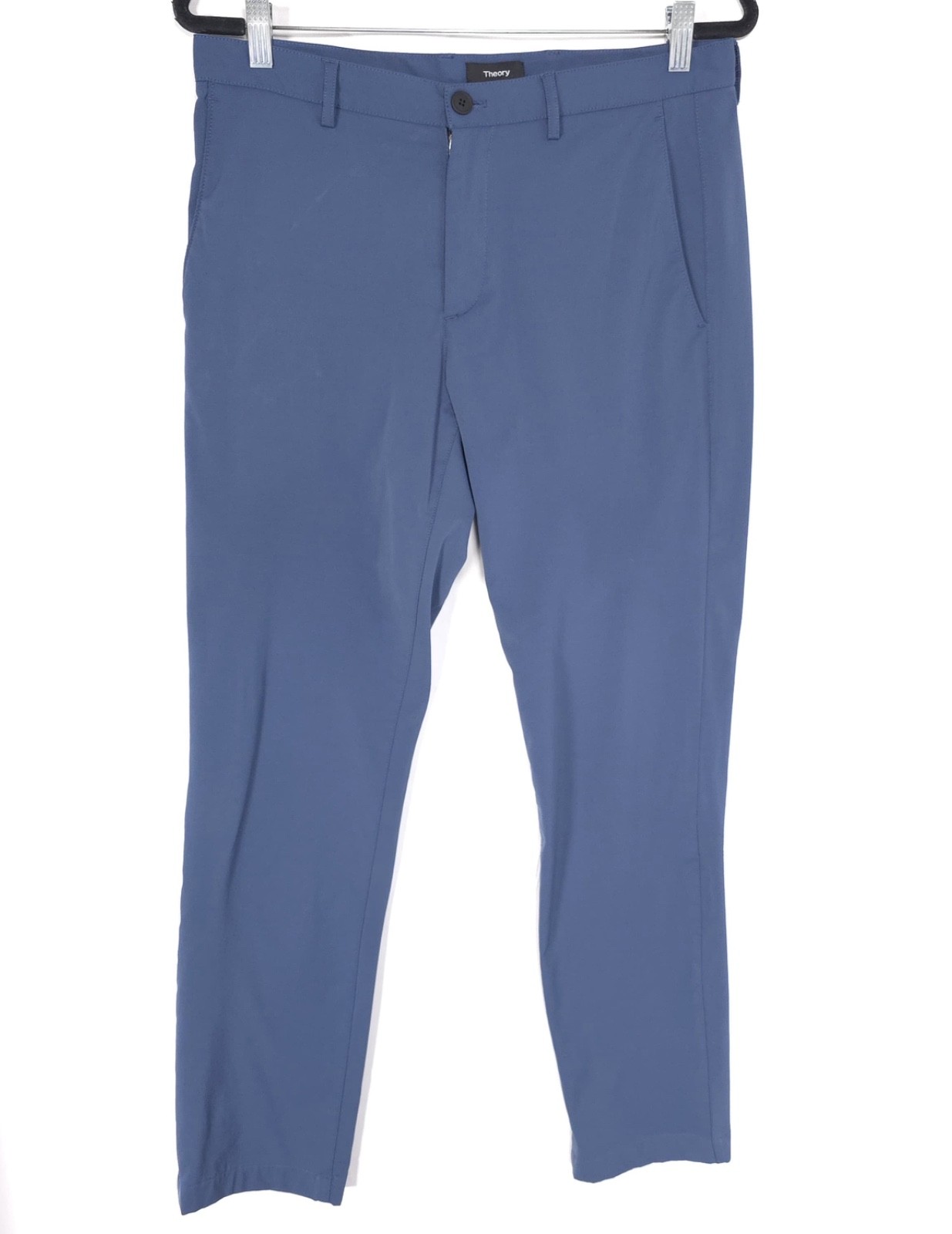 Theory men’s dress pants in blue slim-fit ZAINE SW NEOTERIC F0877210 with belt loops and front button closure, USA made.