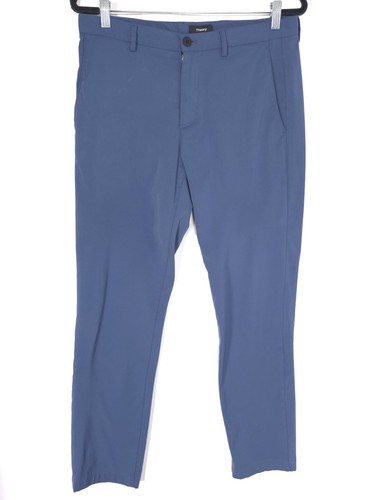 Theory men’s dress pants in blue slim-fit ZAINE SW NEOTERIC F0877210 with belt loops and front button closure, USA made.