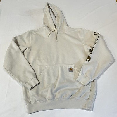 Carhart men s Loose Fit Logo Sleeve Hoodie Size Small Pullover Beige Workwear